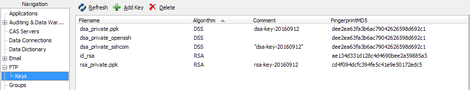 Keys page showing 5 private keys that have been added to MAPS.